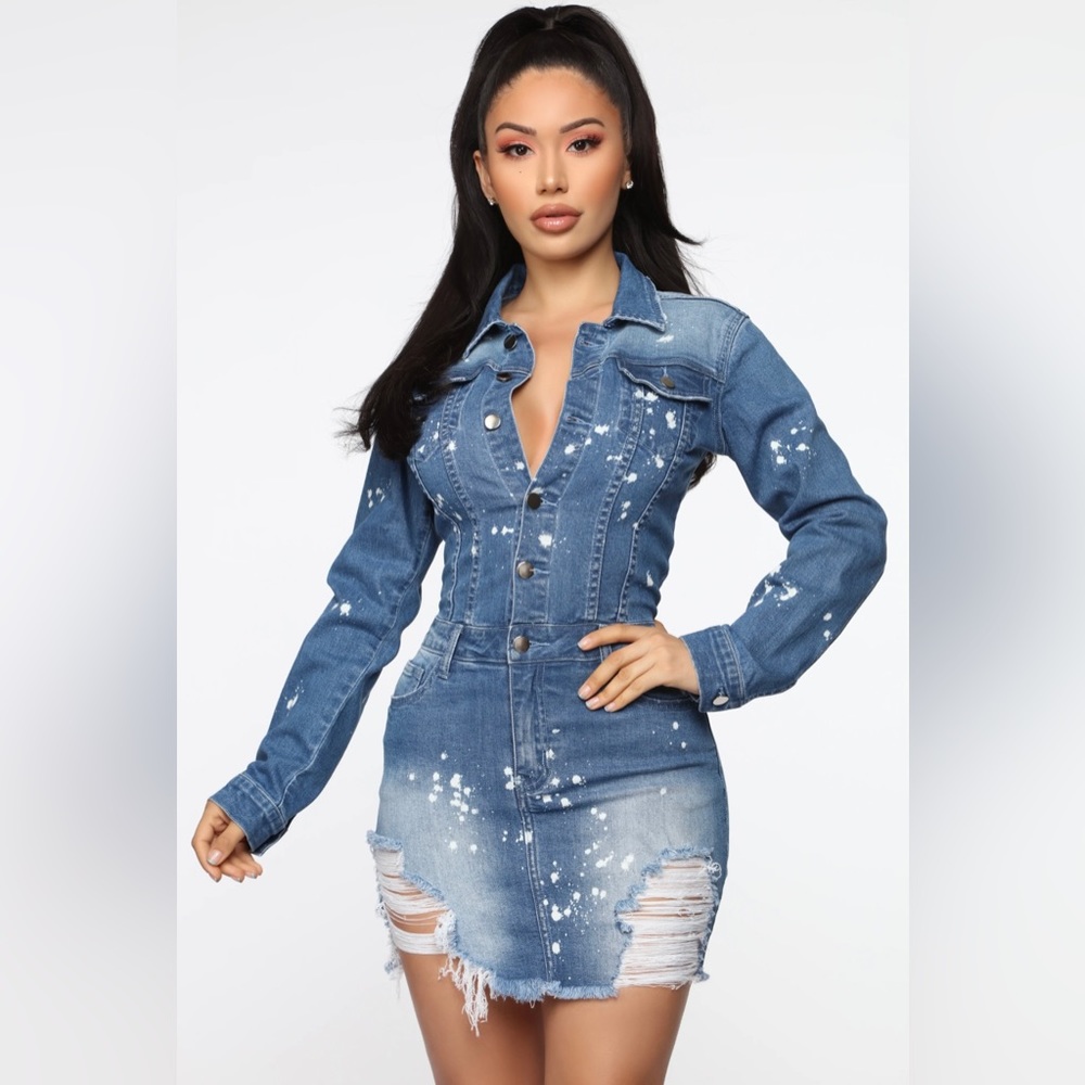 Fashion Nova “Do Some Damage Denim Mini Dress” Medium Wash XS